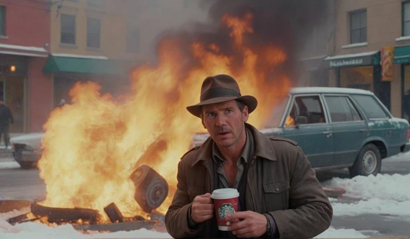 00964-[number]-209268141-Indianajones person drinking Coffee at Starbucks. a car explodes in the background. Explosion artstyle, Heavy snow.   _lora_Indi.png